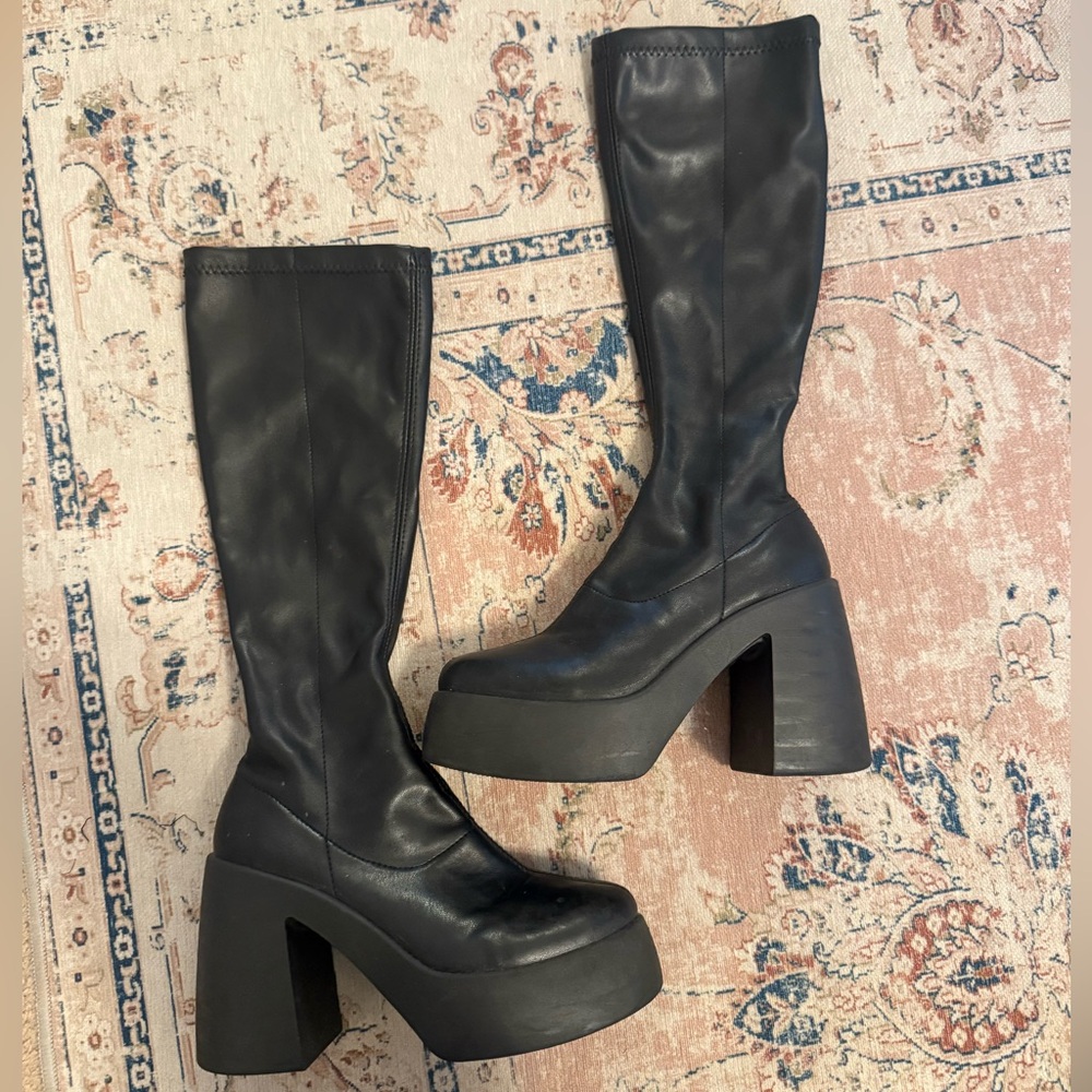 Square toe platform block heel knee boot Size 7
